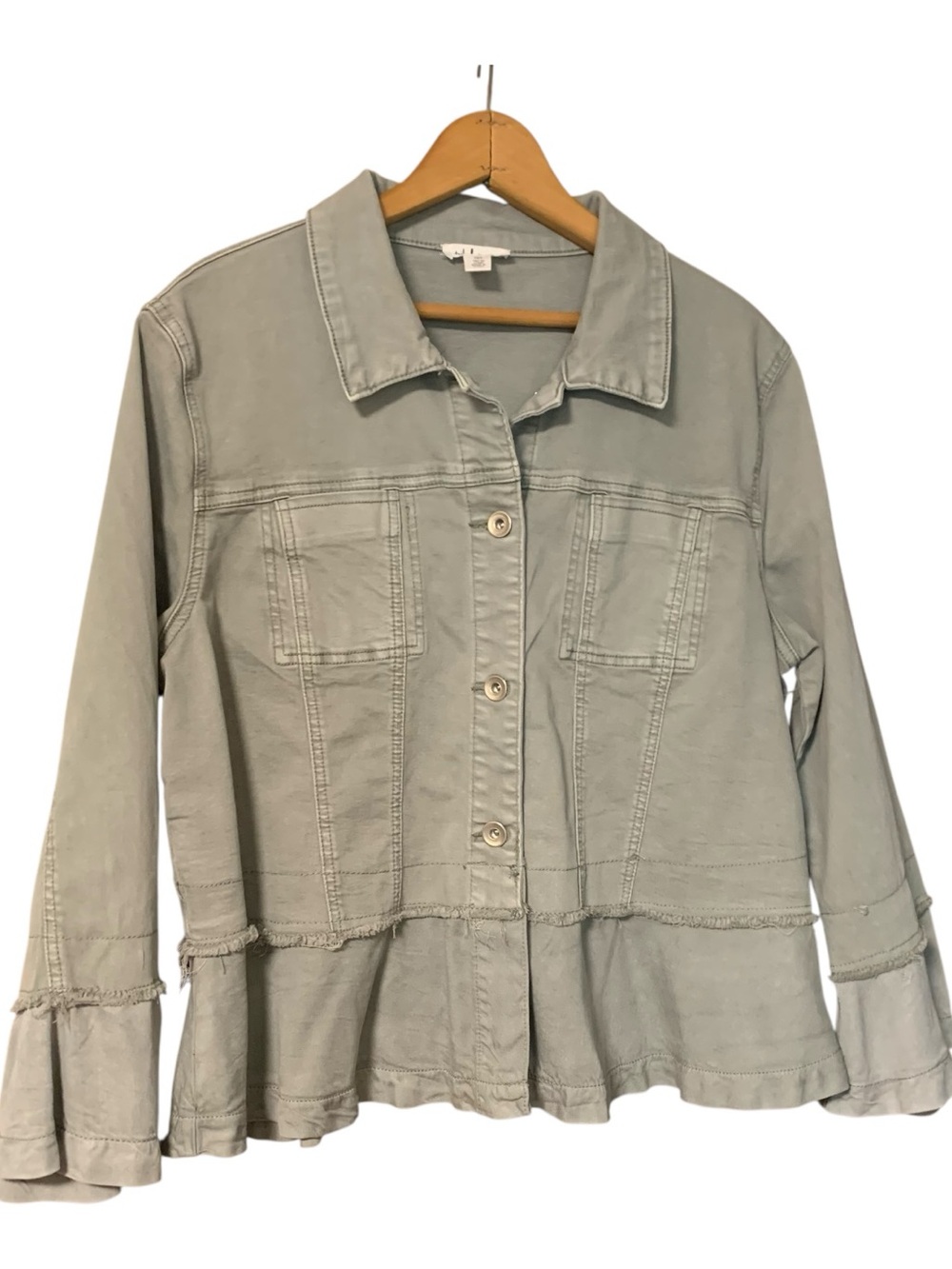 Tribal Ruffle Jean Jacket L Sage Olive Green Boho collared